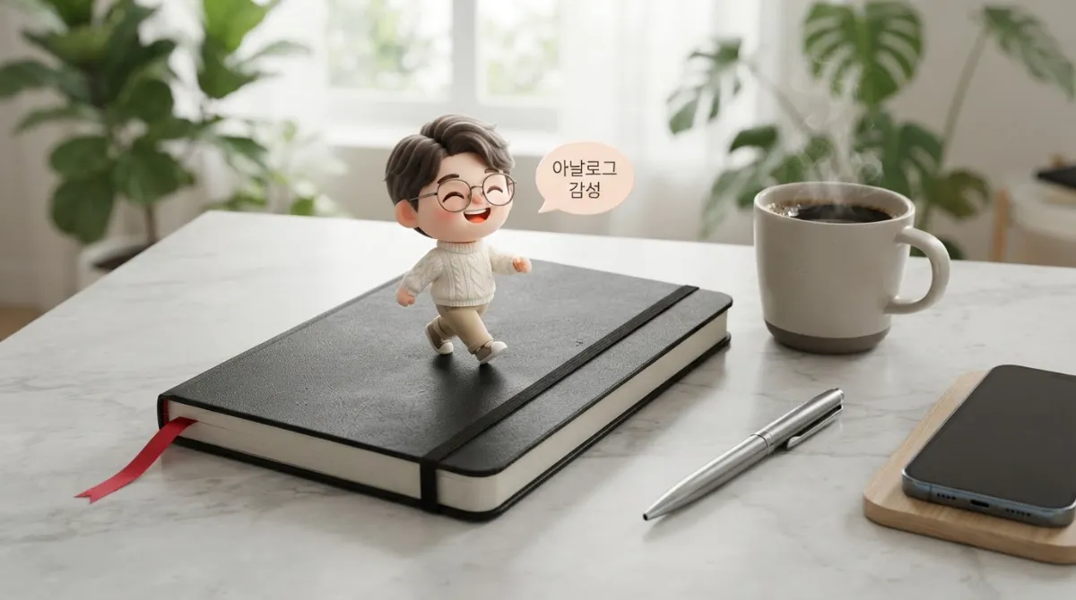 대리석 테이블 위에 검은색 커피 잔과 세련된 금속 펜 옆에 펼쳐져 있는 현대적인 미니멀 블랙 다이어리와 붉은색 가름끈 위를 걷는 미니미 캐릭터