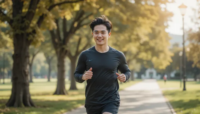 공원에서 활기차게 뛰며 건강을 관리하는 남성