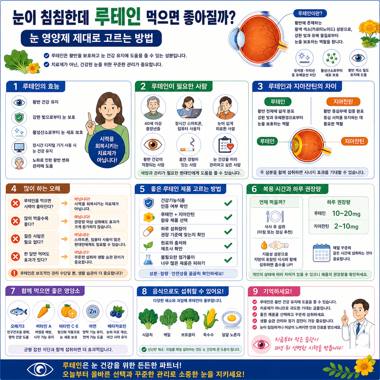 루테인의 효능과 지아잔틴 차이, 복용법, 하루 권장량을 설명하는 건강 인포그래픽
