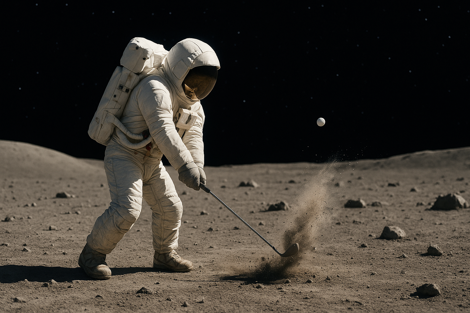 달 표면에서 우주복을 입은 우주비행사가 골프를 치는 모습