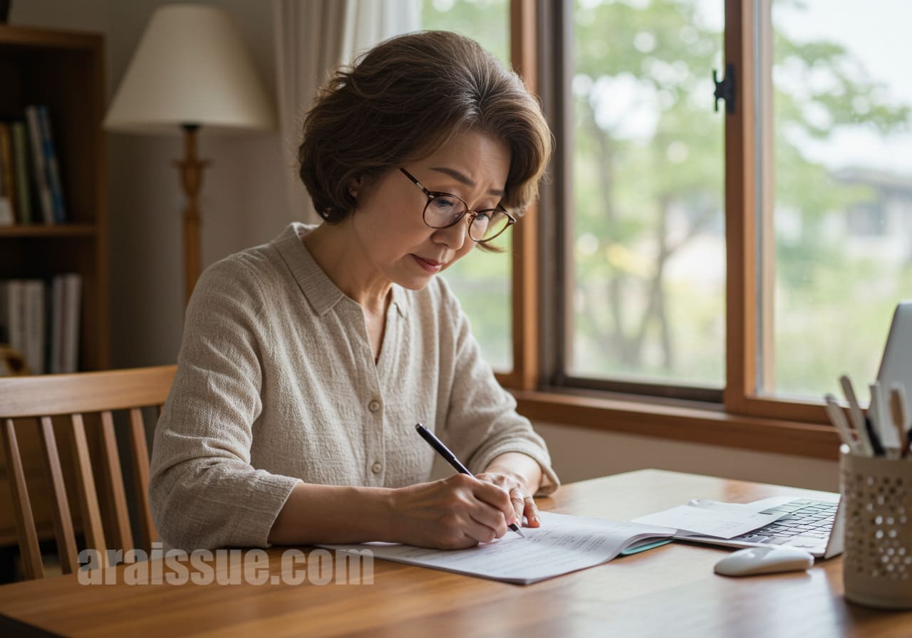 편안한 집에서 서류 작성하는 중년 여성