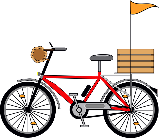 빨간 자전거 한대가 서 있다. 뒷바퀴에는 노란 깃발이 달린 깃대가 꽂아있다.