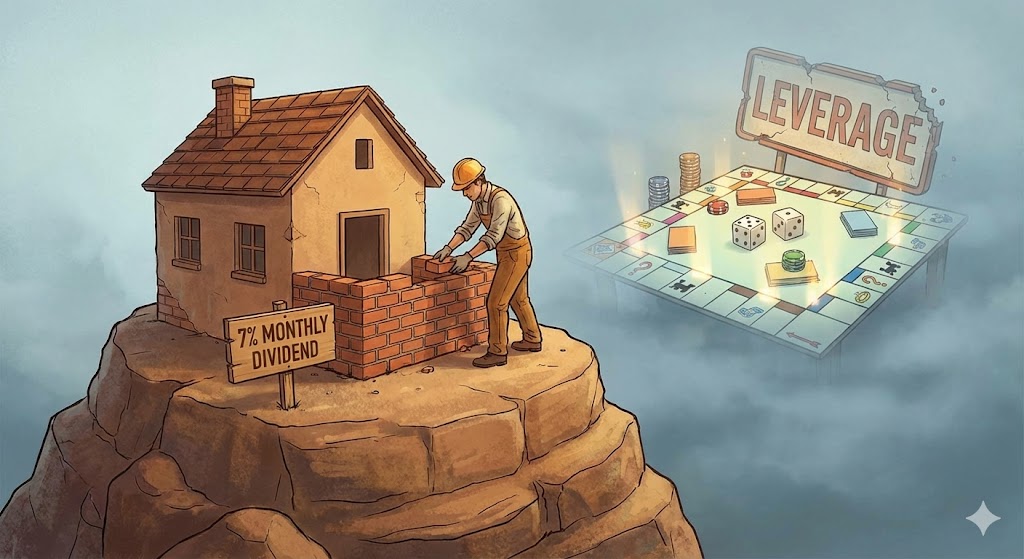 도박처럼 보이는 레버리지 주사위 판을 지나, 단단한 바위 위에 '7% 월배당'이라는 튼튼한 집을 짓고 있는 투자자의 모습