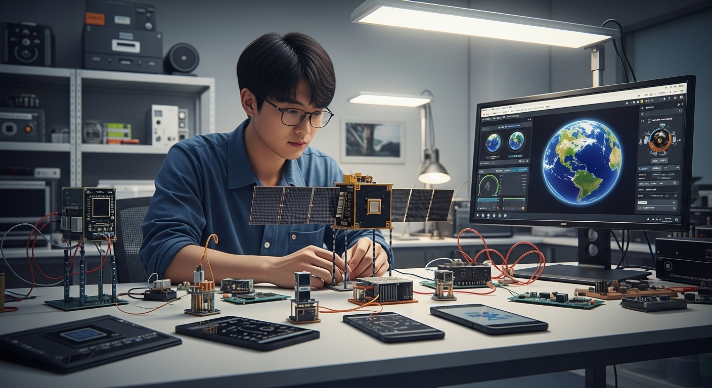 a small-scale campus laboratory, assembling a CubeSat satellite the size of a smartphone