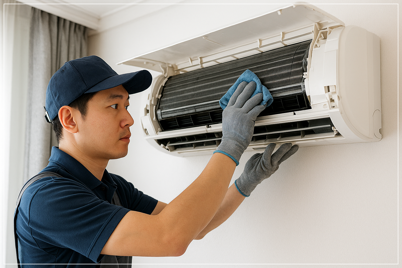 충남 아산 아파트 거실에서 에어컨을 청소하는 한국인 전문가
