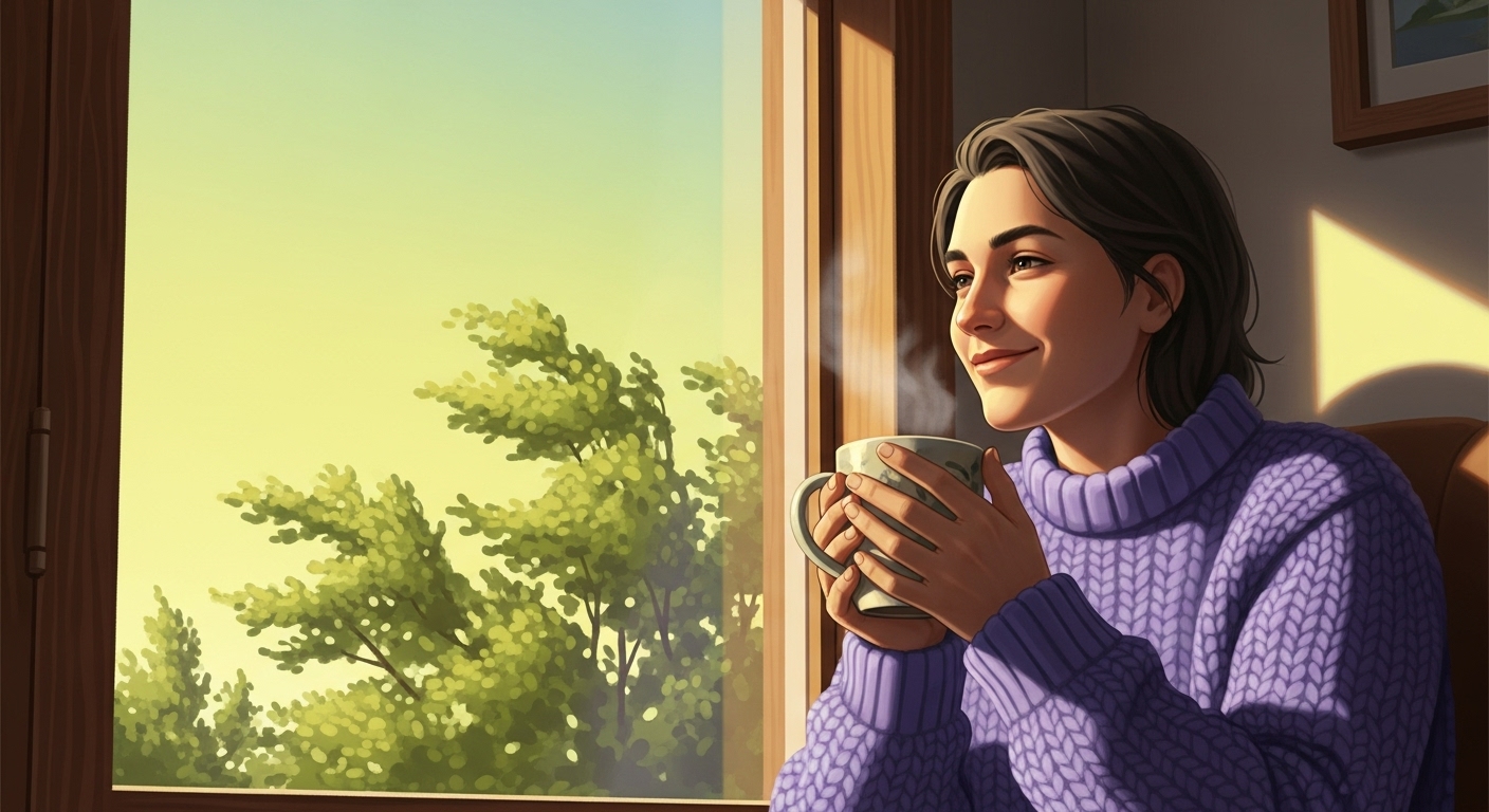 하나의 창문을 보여주는 이미지. 창밖(いい)은 맑고 화창한 노란색 하늘입니다. 창가(好き)에는 보라색 스웨터를 입은 사람이 따뜻한 김이 나는 컵을 들고 창밖을 보며 만족스럽게 미소 짓고 있습니다 (날씨가 '좋아서' 기분이 '좋다')