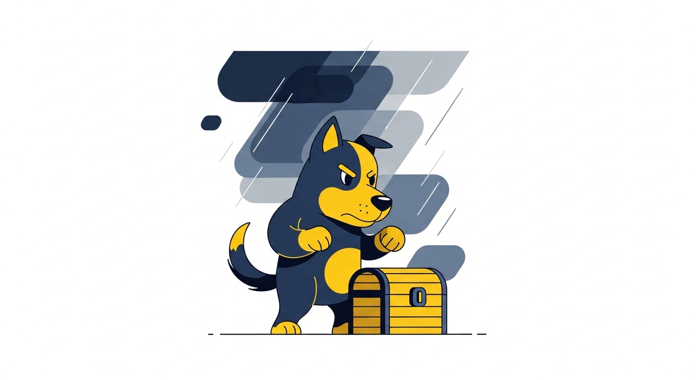 폭풍우 속에서도 보물상자를 굳건히 지키며 신중하게 방어하는 개 캐릭터 일러스트