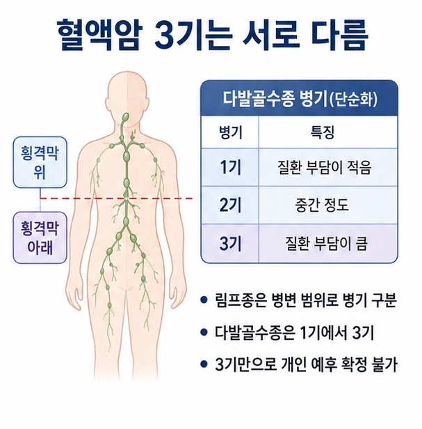 림프종 3기와 다발골수종 3기는 서로 다른 병기체계를 사용하므로 혈액암 3기 생존율을 하나의 숫자로 볼 수 없다는 내용을 설명한 이미지