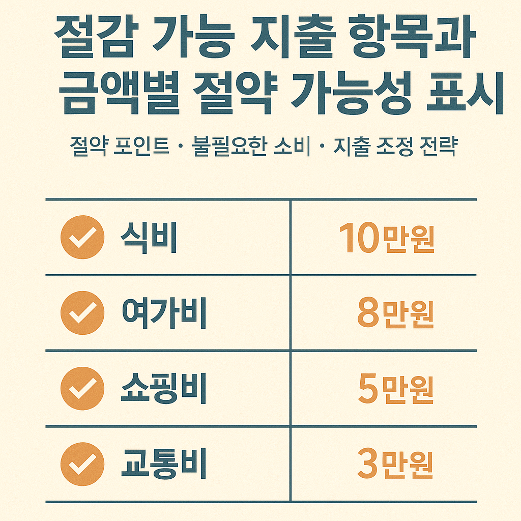 절감 가능 지출 항목과 금액별 절약 가능성 표시 인포그래픽
절약 포인트, 불필요한 소비, 지출 조정 전략