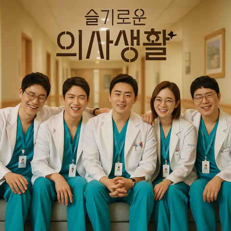 슬기로운 의사생활의 주인공인 다섯명의 의사가 병원 복도에서 흰 가운과 파란 수술복을 입고 나란히 앉아 웃고 있는 모습