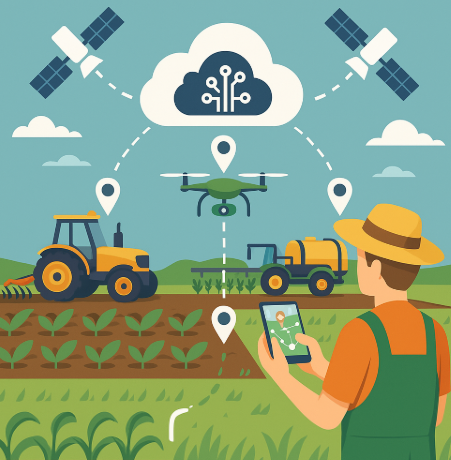 농업용 GPS 활용을 표현한 인포그래픽. 트랙터와 드론이 GPS로 제어되며 농장을 정밀하게 관리하고, 클라우드 AI 시스템이 데이터를 분석해 농민의 스마트 기기에 정보를 제공하는 과정을 시각화한 이미지.