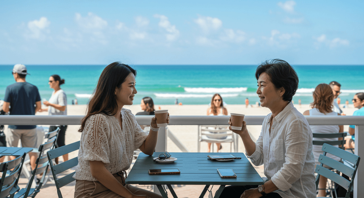 마이애미 해변 카페에서 엄마와 커피를 즐기는 사진