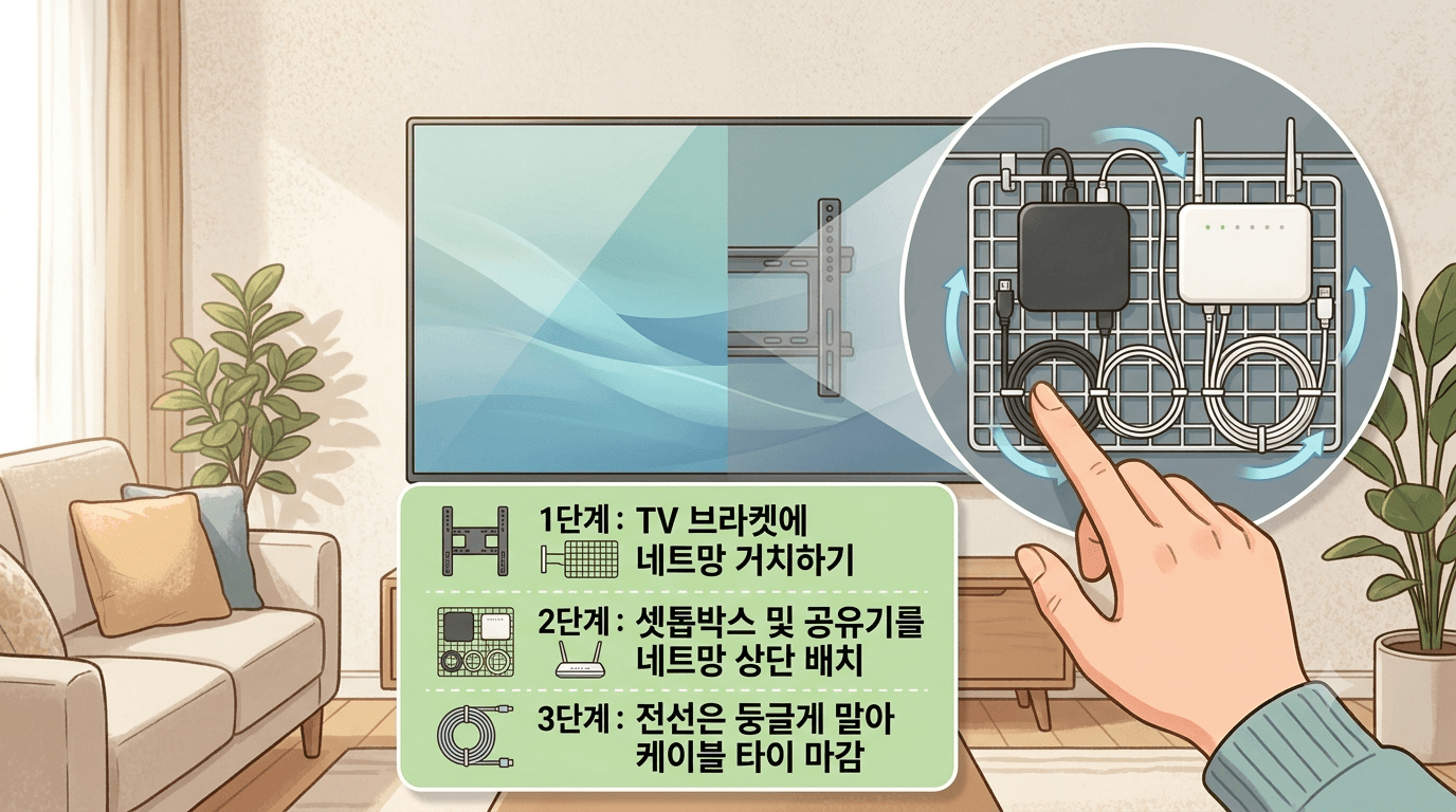 TV 뒤쪽 쇠붙이 브라켓에 흰색 네트망이 단단히 걸려 있고, 그 격자망 위로 네모난 셋톱박스와 공유기가 케이블 타이로 정갈하게 묶여 있으며, 길게 남은 전선들이 둥글게 말려 고정된 '숨은 바람길 동선'이 매끄럽게 표현된 이미지