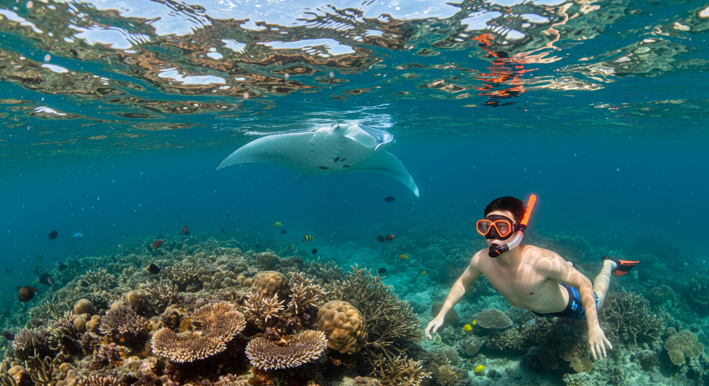 이시가키섬에서 스노클링하는 한국인 여행자