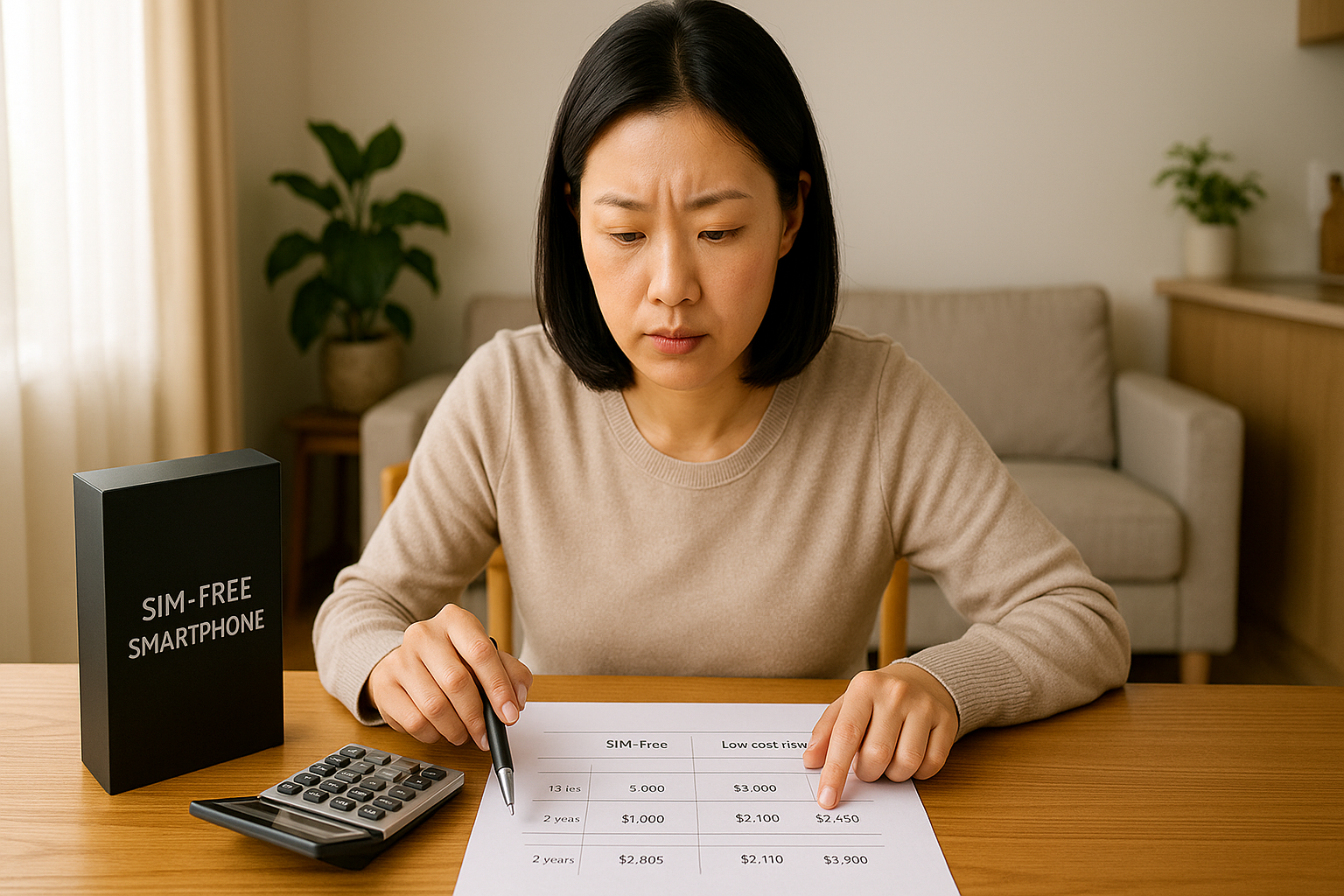 자급제 스마트폰과 알뜰폰 요금제 조합을 계산하는 한국 여성