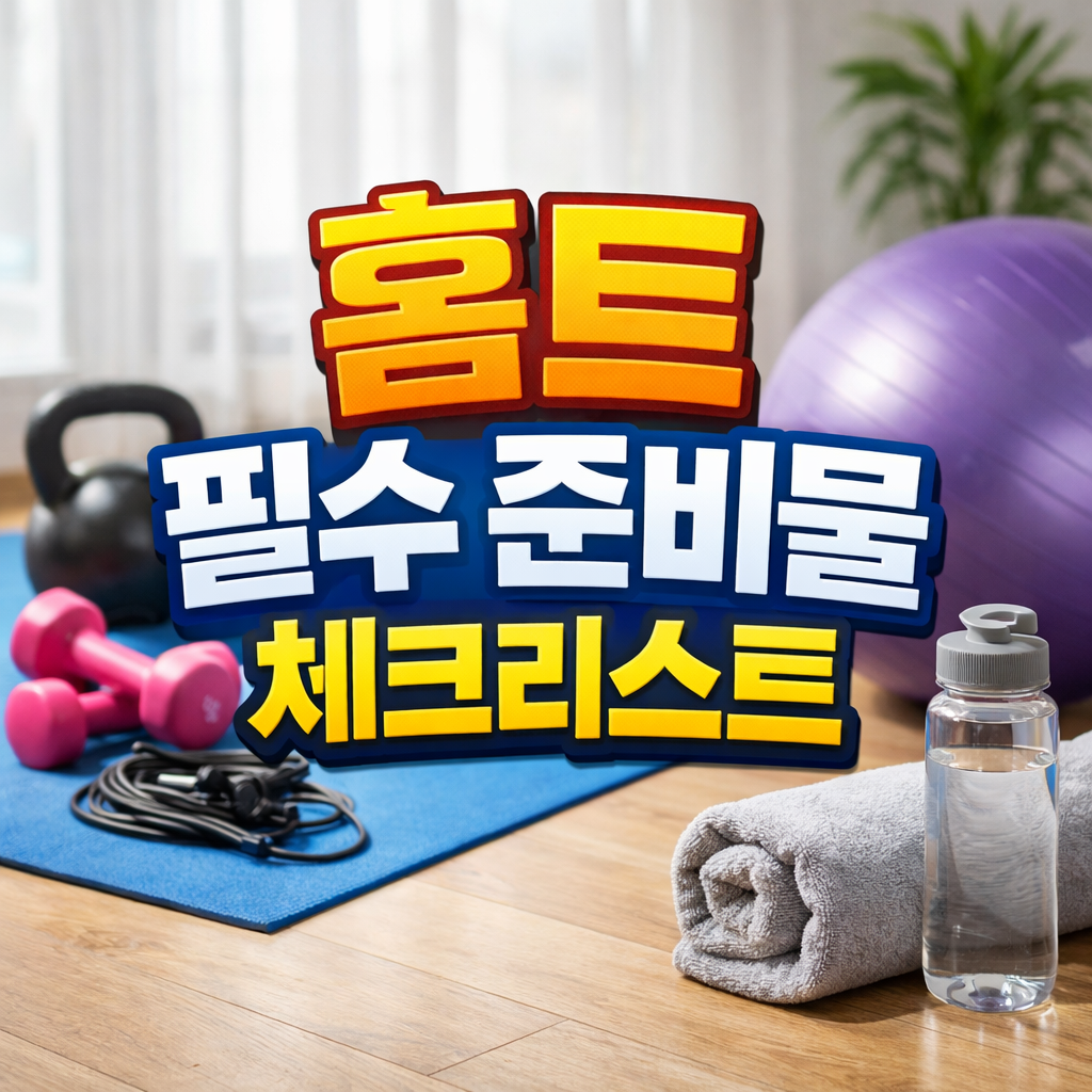 홈트 필수 준비물 체크리스트를 주제로 요가매트, 덤벨, 물병, 짐볼이 놓인 홈트 실사 이미지