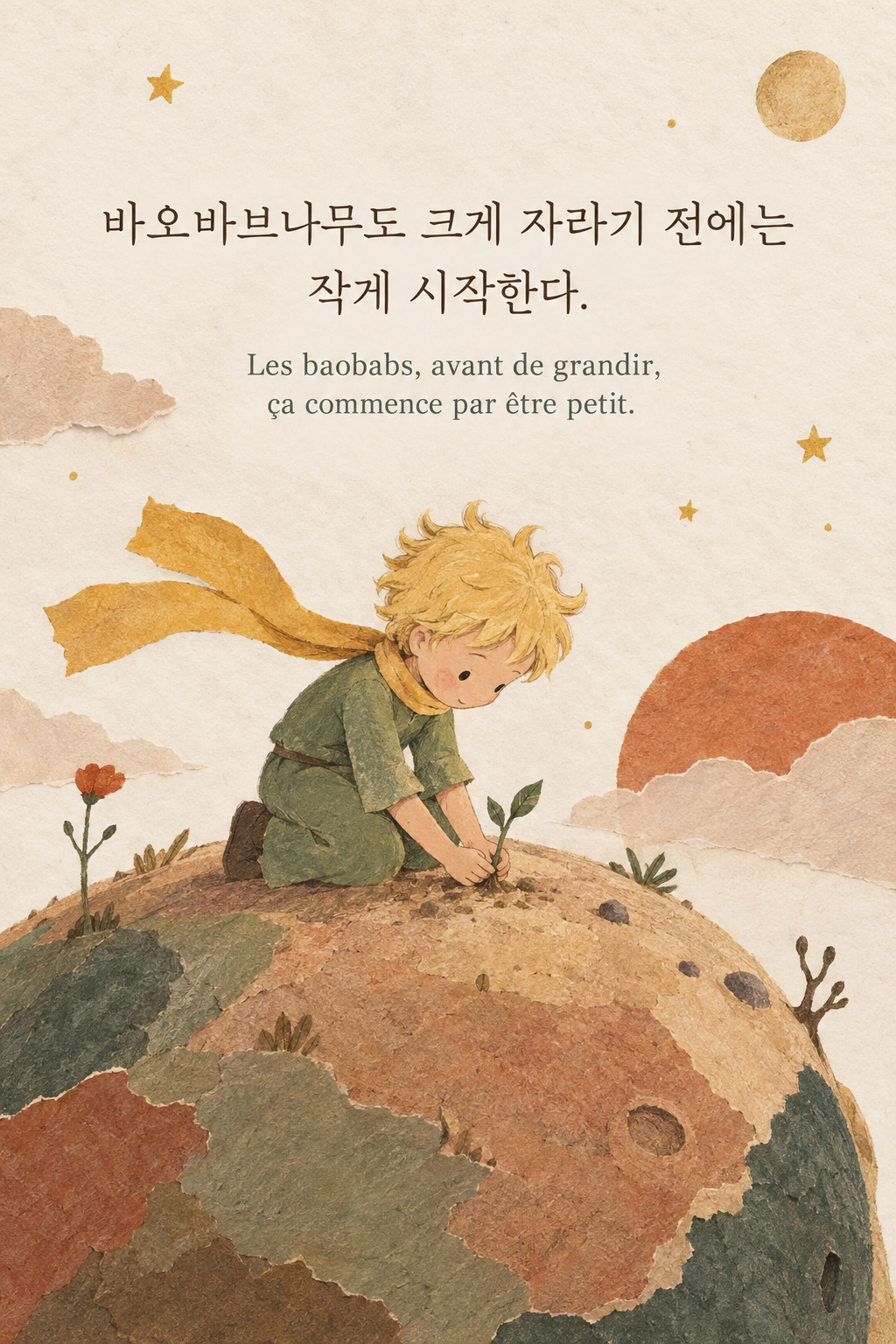 바오바브나무도 크게 자라기 전에는 작게 시작한다. 프랑스어 원문과 함께 담은 어린 왕자 그림 이미지