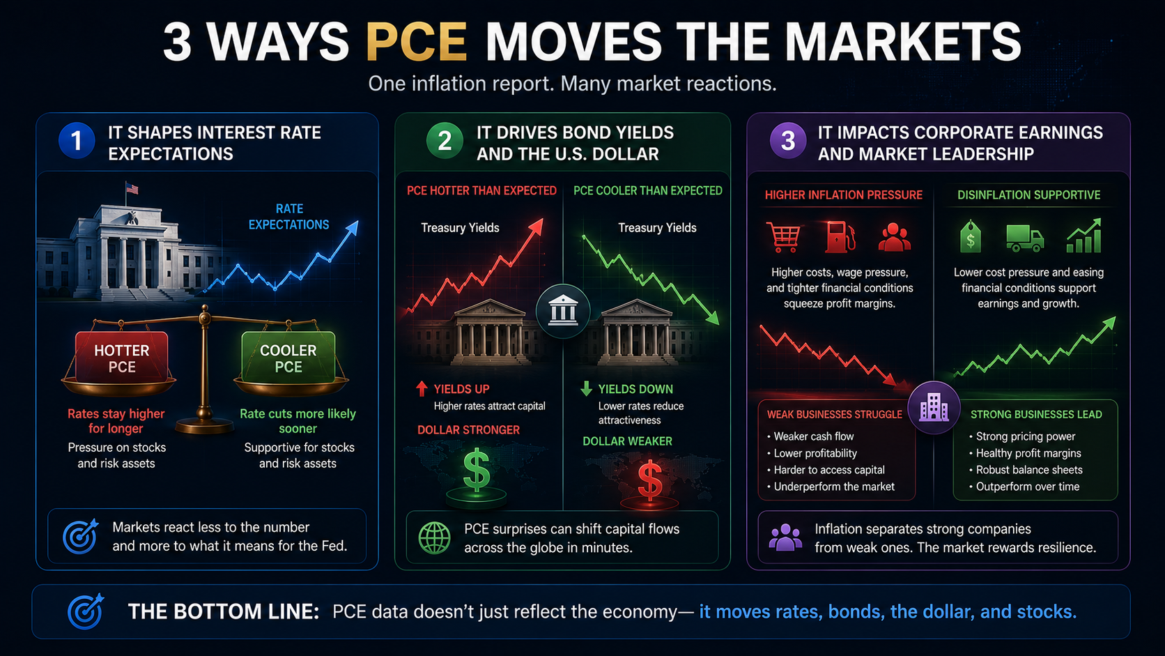 PCE inflation report impact on interest rates, Treasury yields, the U.S. dollar, and corporate earnings across financial markets.
