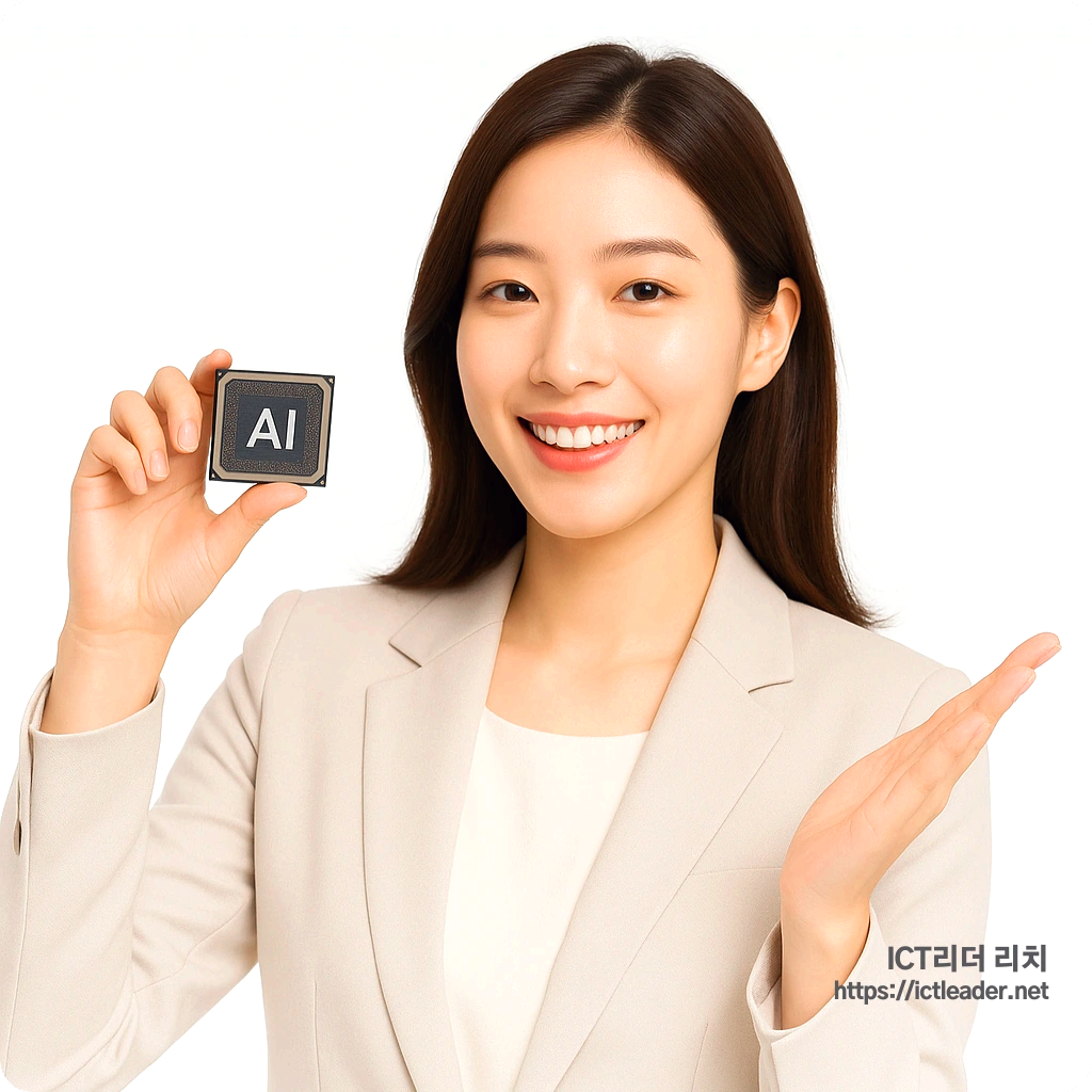 AI 반도체 칩을 손에 든 여성의 고해상도 대표 썸네일 이미지, 밝은 표정과 흰 배경이 조화를 이루며 전문성을 강조함