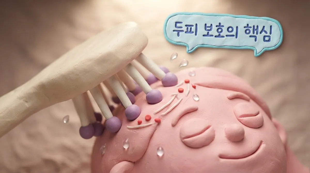 둥근 플라스틱 방울이 두피에 닿아 부드럽게 마사지 효과를 주는 모습을 클레이 애니메이션 클로즈업으로 표현한 이미지,