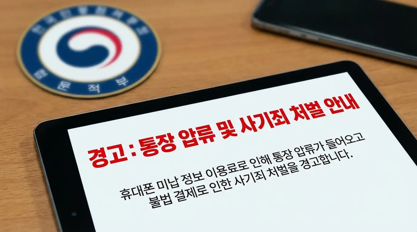 휴대폰 미납 정보 이용료로 인해 통장 압류가 들어오고 불법 결제로 인한 사기죄 처벌을 경고하는 이미지