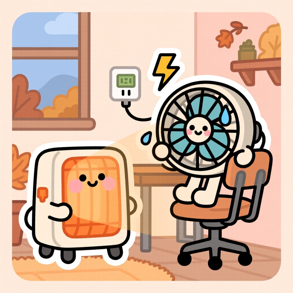 책상 옆 소형 전기히터와 큰 온풍기를 비교한 일러스트
