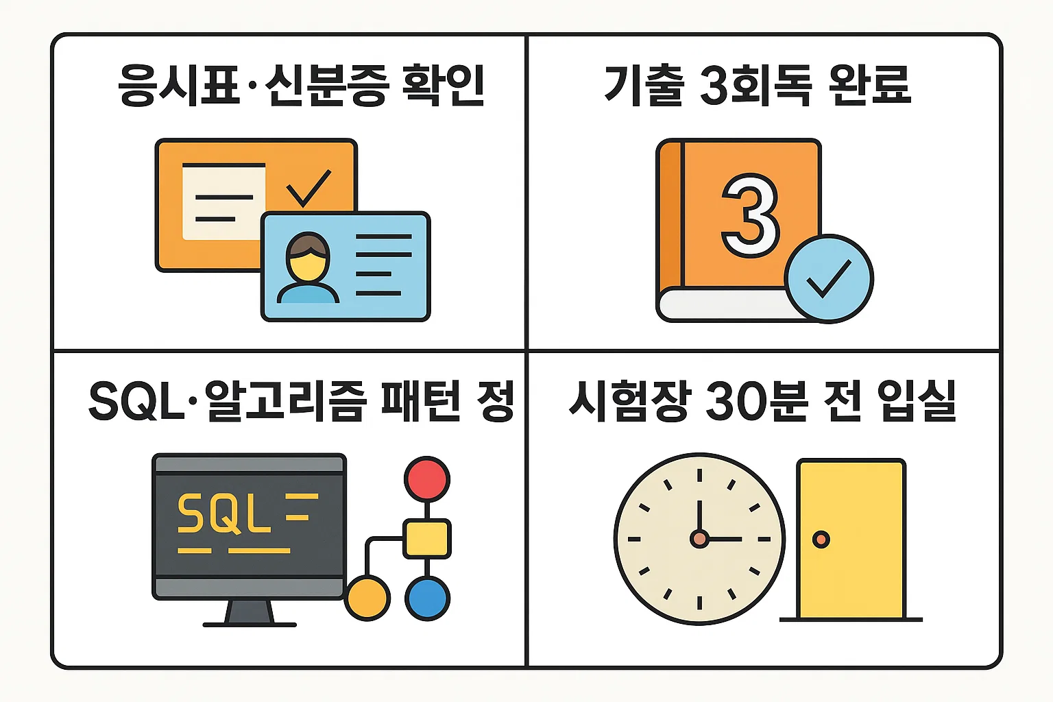 시험 당일 응시표&middot;신분증 확인, 기출 3회독 완료, SQL&middot;알고리즘 패턴 점검, 시험장 입실 시간 등 필수 체크사항을 정리한 인포그래픽입니다.