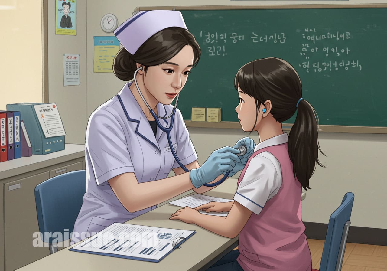 한국 초등학생이 학교에서 건강검진을 받는 모습.