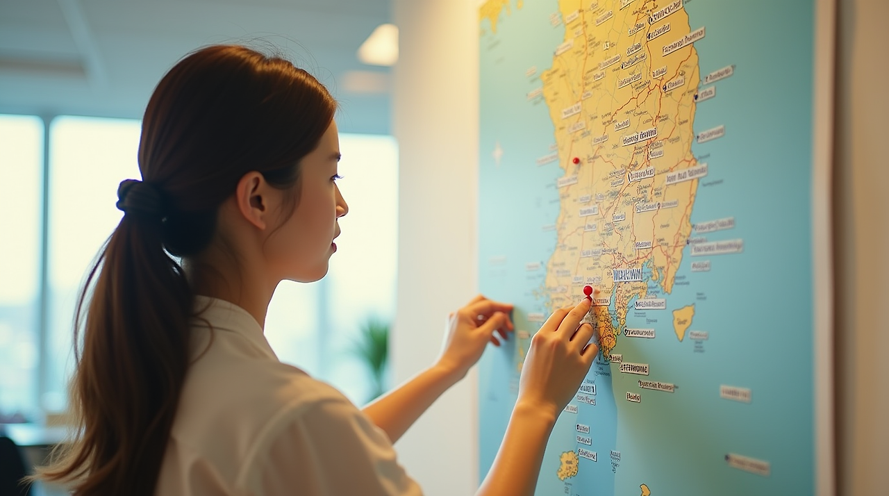 40대 한국인 여성이 벽에 걸린 대한민국 지도에서 자신의 거주지를 빨간 핀으로 표시하는 장면