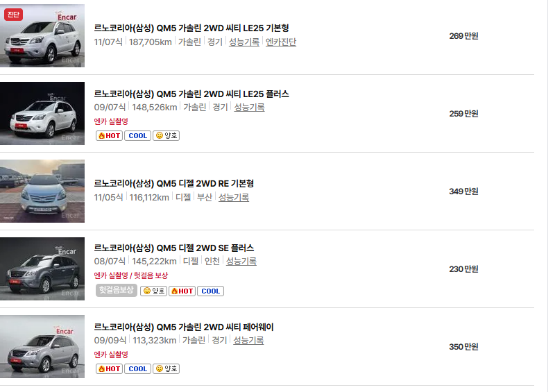 르노코리아 QM5 중고차 가격 시세표 유지비