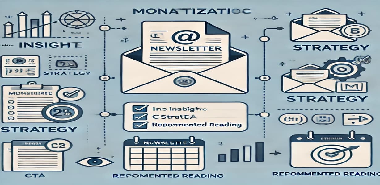 뉴스레터 수익화를 위한 콘텐츠 기획 인포그래픽 – 인사이트, 전략, CTA, 추천 콘텐츠 구성 흐름