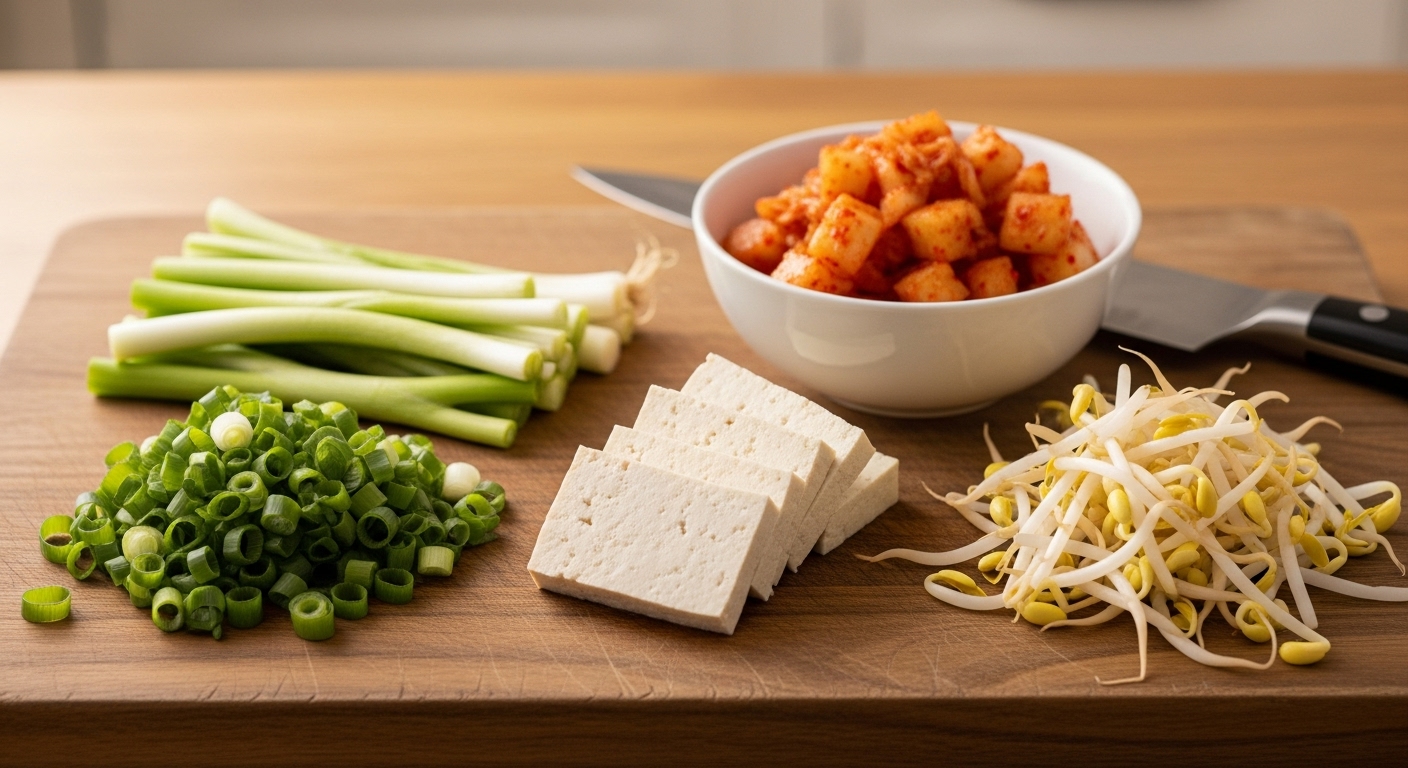 손질된 대파, 김치, 두부, 콩나물 등 다양한 요리 재료들이 도마 위에 깔끔하게 준비되어 있는 모습. 자취생의 효율적인 식재료 활용과 간단한 요리 준비.