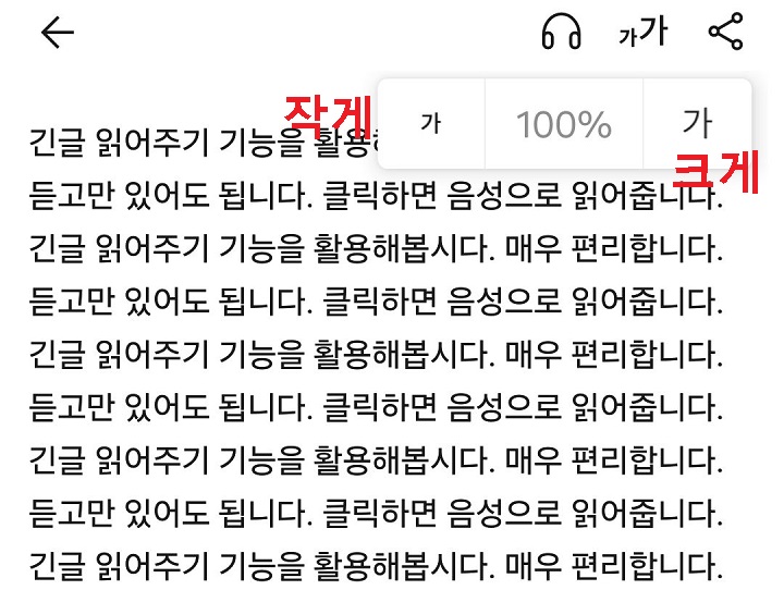 글자크기 조절창 보임