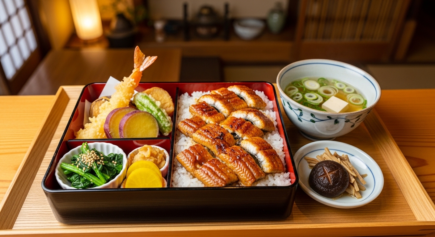 정갈하게 차려진 히타마부시 한 상. 전통 목기 그릇에 담긴 장어덮밥과 정갈한 반찬들이 식욕을 돋우는 모습.