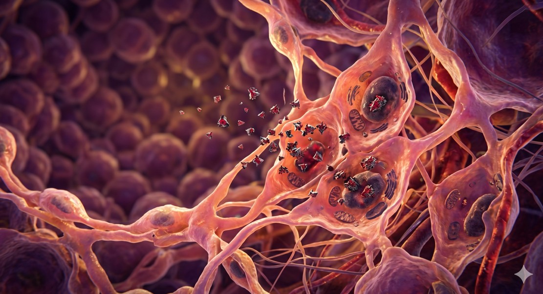 현미경으로 본 초미세 발암 입자가 폐세포에 침투하는 추상적인 3D 렌더링