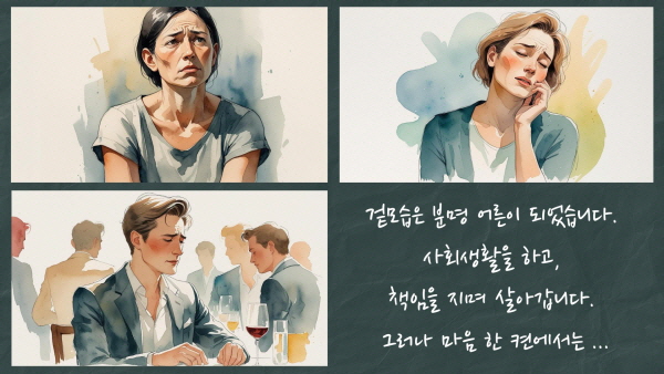 겉모습은 분명 어른이 되었습니다. 사회생활을 하고, 책임을 지며 살아갑니다. 그러나 마음 한 켠에서는 여전히 미숙한 감정이 튀어나오고, 누군가에게 인정받지 못하면 견딜 수 없으며, 관계 안에서 반복되는 갈등 패턴에 갇혀 괴로워합니다에 관한 그림