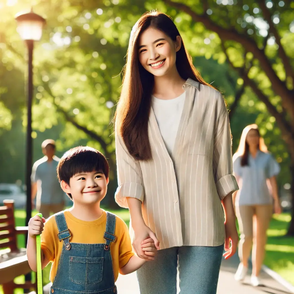 공원에서 손을 잡고 걸으며 미소 짓는 발달장애 아동과 동양인 부모