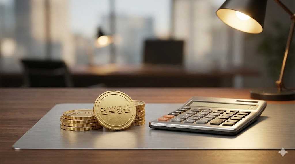 황금 동전과 계산기로 표현한 2026년 연말정산 환급 극대화 전략 배경