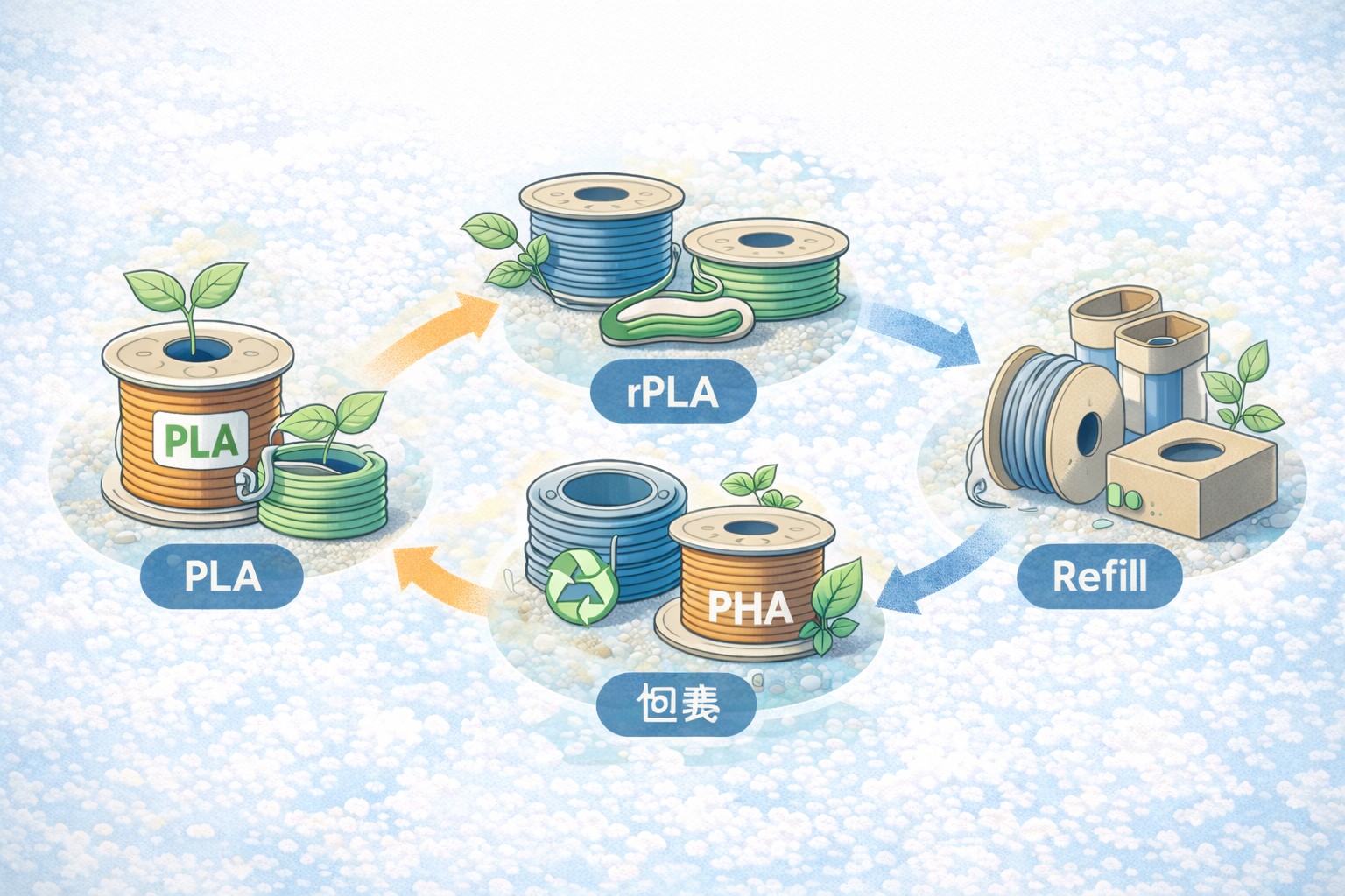 3D 프린터 친환경 필라멘트 선택을 PLA 재활용 필라멘트 PHA 포장 리필 흐름으로 아이콘만 요약한 대표 다이어그램 이미지