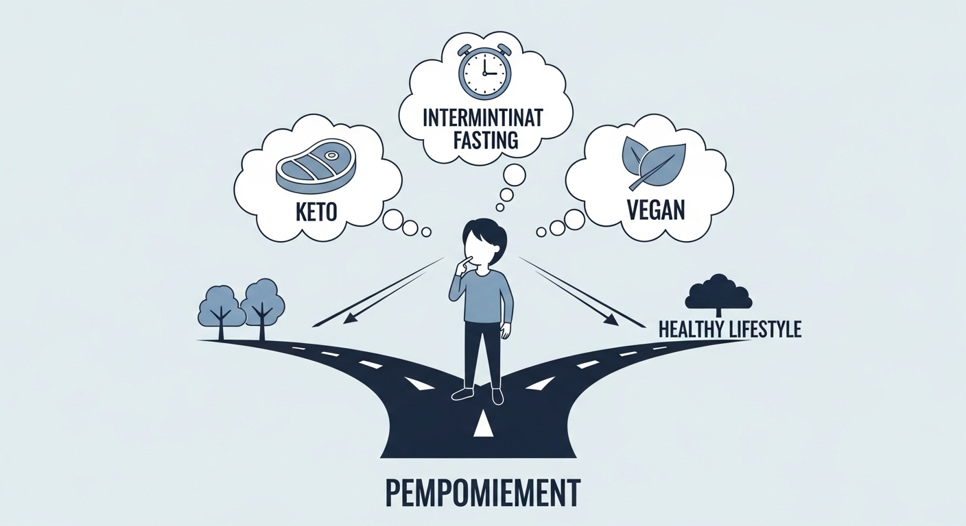 자신에게 맞는 다이어트 식단을 선택하는 사람의 모습을 담은 이미지. 키토제닉, 간헐적 단식, 비건 다이어트 세 갈래 길 앞에서 고민하며 현명한 선택을 하는 모습을 시각화한 그림입니다.