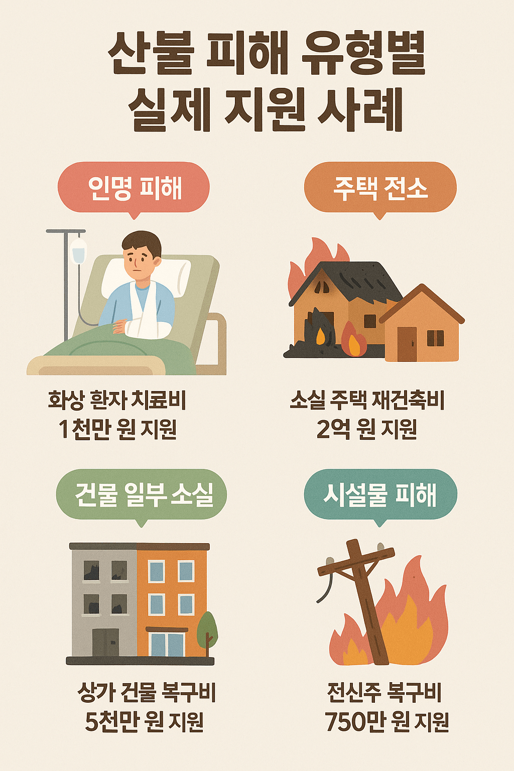 산불 피해 유형별 실제 지원 사례 인포그래픽 이미지