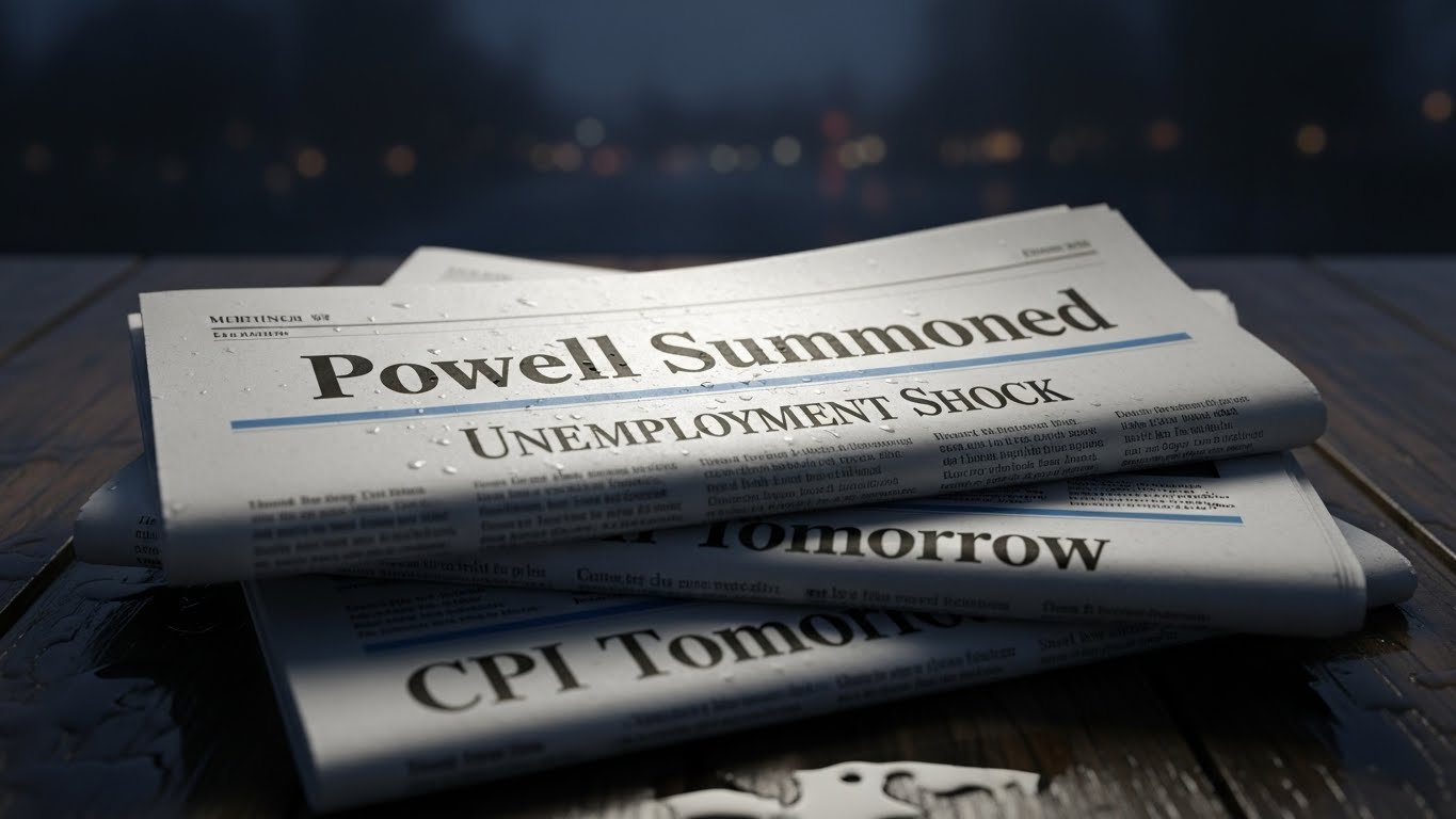 Stack of morning newspapers with headlines Powell Summoned, Unemployment Shock, CPI Tomorrow overlay, dark night background.