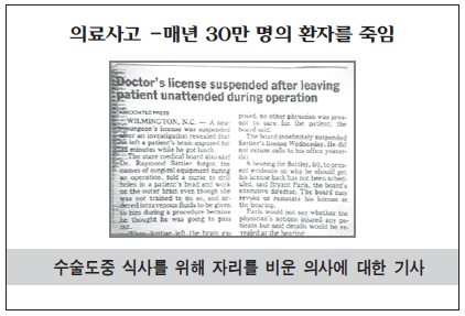 '의료사고 &mdash; 매년 30만 명의 환자를 죽임'이라는 제목 아래 수술 도중 식사를 위해 자리를 비운 의사에 대한 영문 신문 기사가 실려 있는 이미지