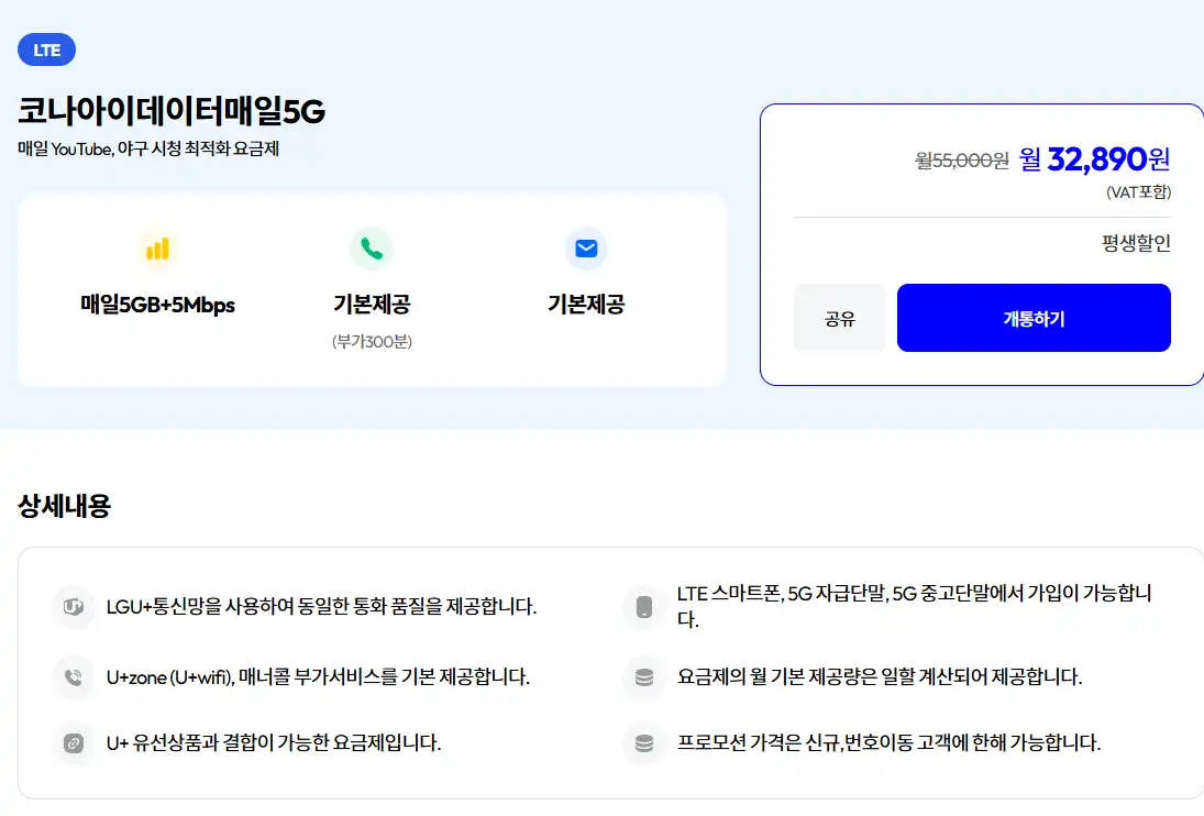 코나아이데이터매일5G 요금제 안내 화면. 매일 5GB 제공 후 5Mbps 무제한, 음성 통화 300분, 문자 기본 제공, 월 32,890원 평생요금제 구성 상세 설명 포함