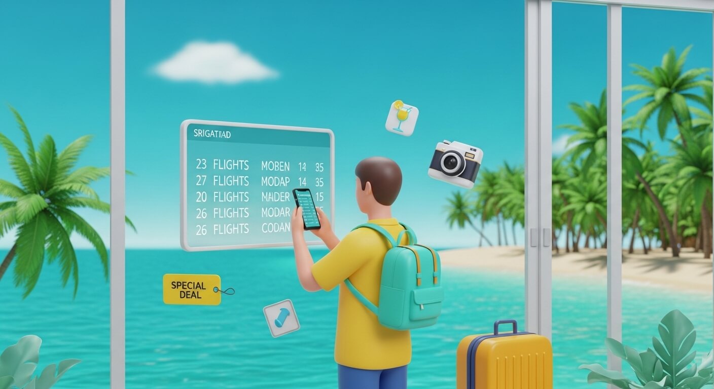 청년이 여행도구를 들고 FLIGHT SCHEDULE 을 확인 하고있다