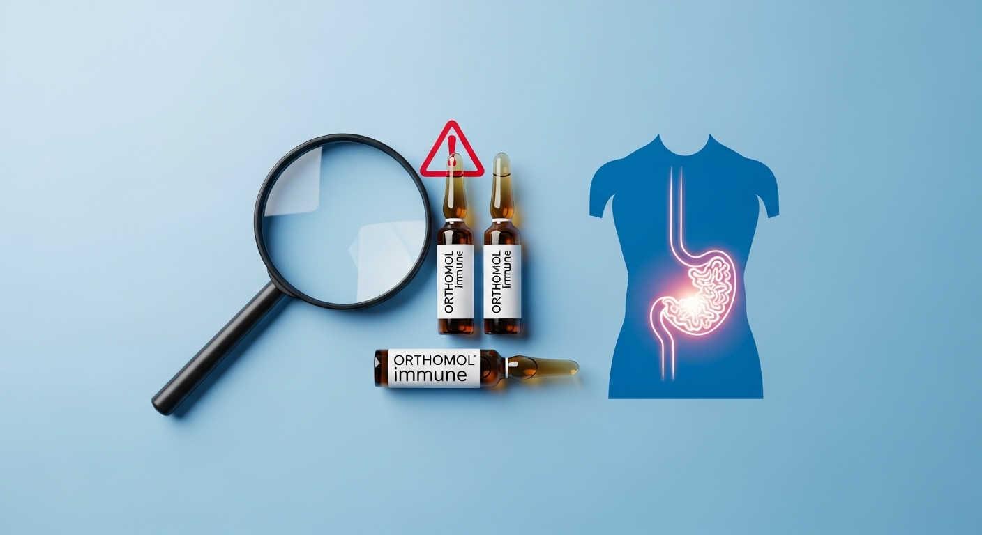 오쏘몰 이뮨 액상앰플과 돋보기가 놓여있는 배경에 주의를 상징하는 붉은색 경고 표시가 있는 이미지, 오쏘몰 이뮨의 잠재적 부작용과 현명한 섭취법에 대한 정보를 담고 있습니다.