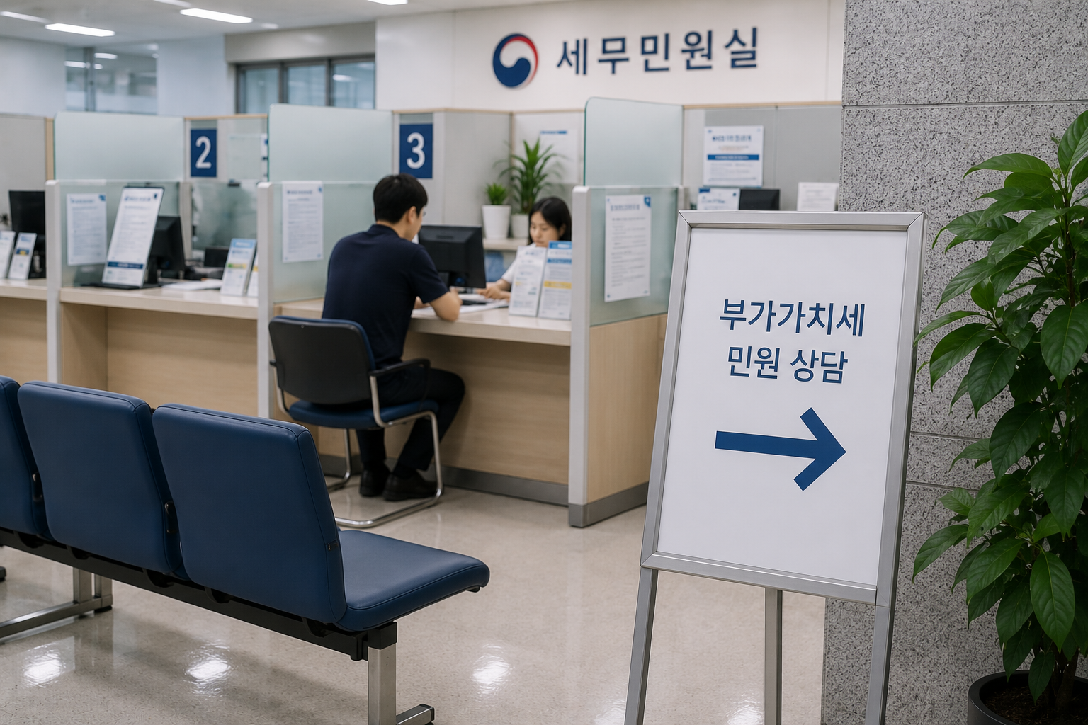 세무서 민원창구에서 부가가치세 경정청구 관련 상담을 받는 모습