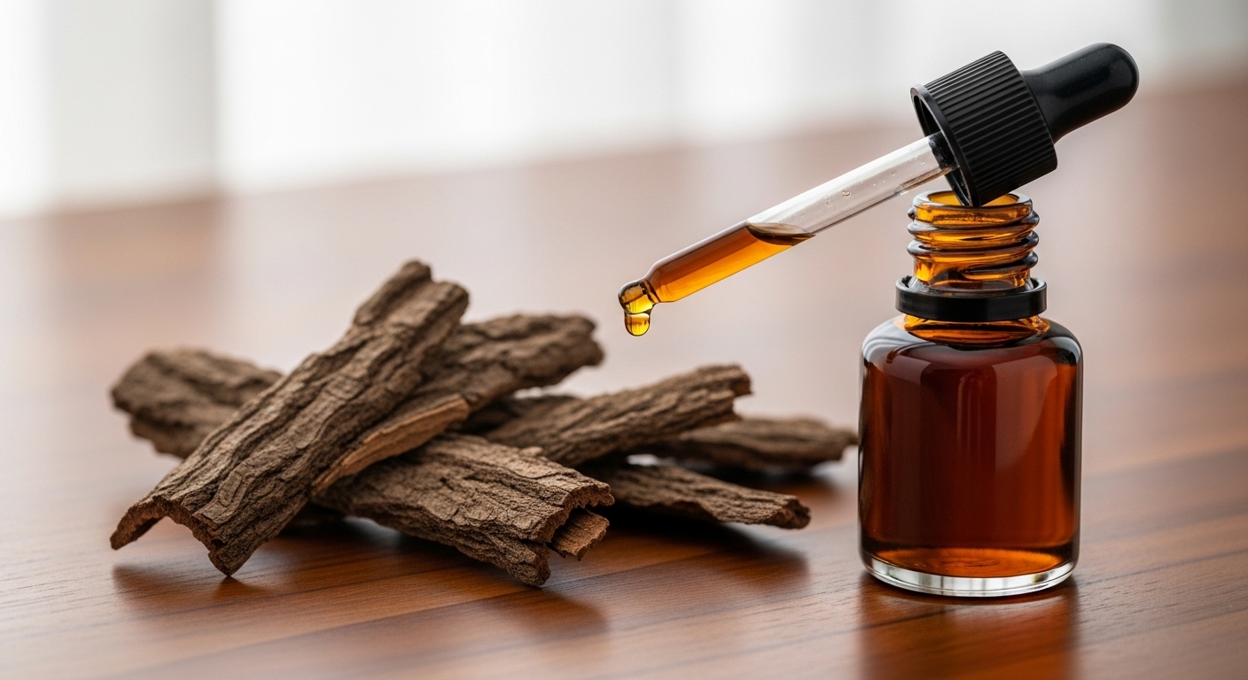 농축된 옻 진액이 담긴 작은 병과 옻나무 껍질 조각들. 옻 진액의 강력한 효능과 정제된 모습을 나타냅니다.