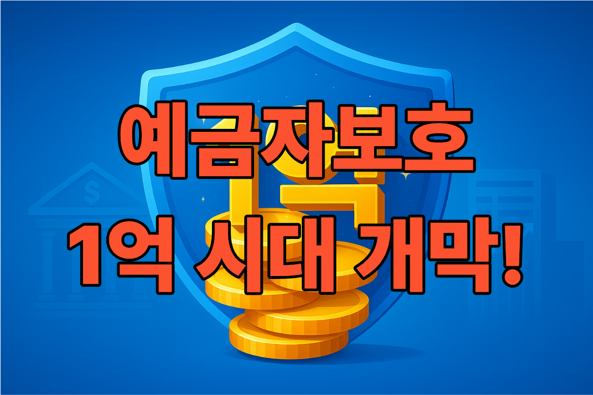 파란색 보호막 안에 안전하게 보호되는 1억 원 금화 더미와 금융 건물을 배경으로 한 이미지.