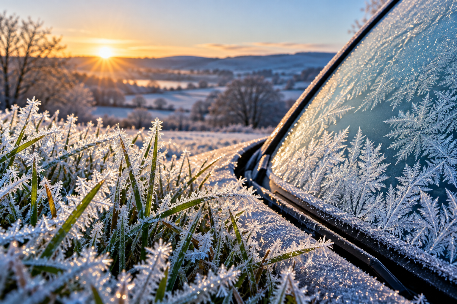 Ice crystals covering grass and a car window on a cold morning